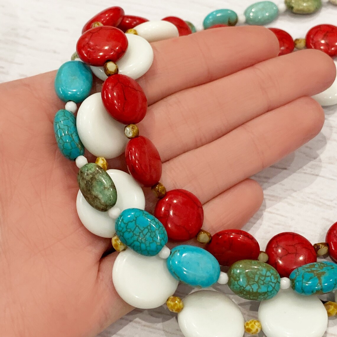 Triple Strand Necklace Three Strand Necklace Red White Blue Etsy