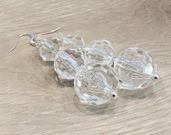 Long Clear Earrings, Clear Bead Earrings, Clear Beaded Earrings, Clear Dangle Earrings, Chunky Clear Earrings, Large Clear Earrings Sparkle