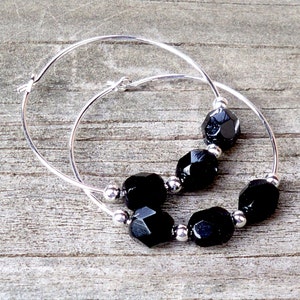 Black Hoop Earrings Black Hoops, Black Beaded Hoops Black Beaded Hoop Earrings Black Earrings, Black Bead Earrings Black and Silver Earrings
