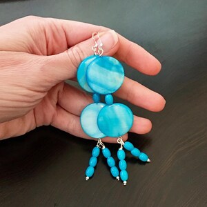 Blue Shell Earrings Dangle, Long Blue Earrings, Beachy Earrings Dangle, Aqua Blue Earrings Dangle, Blue Statement Earrings Bright Blue - WOW
