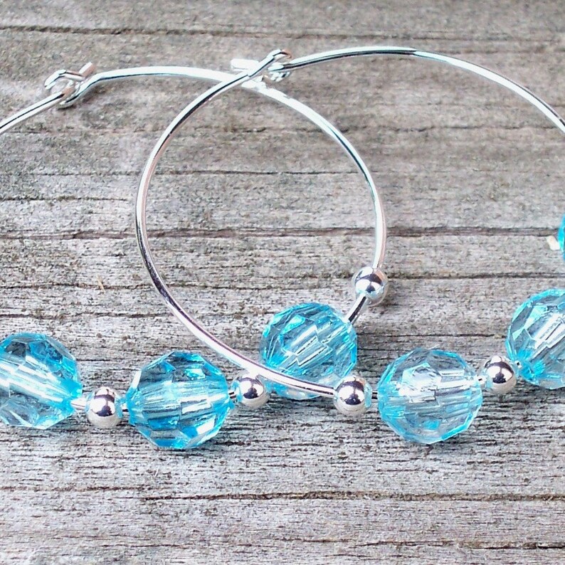 Light Blue Hoop Earrings Clear Blue Hoop Earrings Blue Beaded Hoop Earrings Blue Czech Glass Hoop Earrings 30mm Round Silver Hoop Earrings