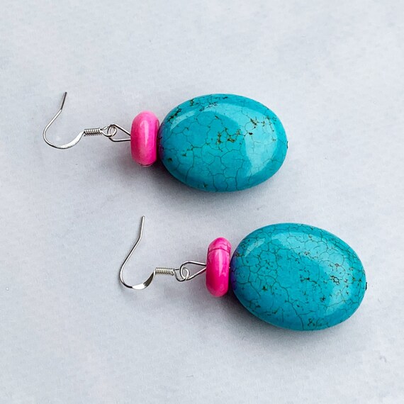 Hot Pink and Blue Earrings, Turquoise Bead Earrings, Hot Pink