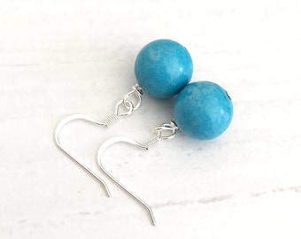 Aqua Blue Earrings - Simple Blue Earrings - Sky Blue Earrings - Blue Gemstone Earrings - 12mm Blue Bead Earrings - Bright Blue Earrings