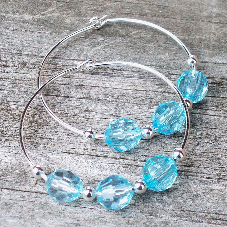 Light Blue Hoop Earrings Clear Blue Hoop Earrings Blue Beaded Hoop Earrings Blue Czech Glass Hoop Earrings 30mm Round Silver Hoop Earrings