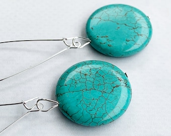 Turquoise Dangle Earrings, Long Turquoise Earrings, Howlite Dangle Earrings, Teal Dangle Earrings, Blue Gemstone Earrings - LOVELY COLOR