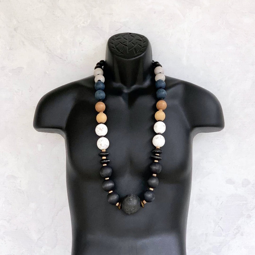 Mens Wood Necklace, Wood Beaded Necklace, Long Wood Necklace, Chunky