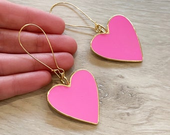 Large Pink Heart Earrings, Pink Enamel Heart Earrings, Pink and Gold Heart Earrings, Long Heart Earrings, Chunky Heart Earrings - FABULOUS