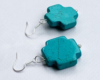 Turquoise Cross Earrings, Aqua Blue Cross Dangle Earrings, Turquoise Cross Jewelry for Women