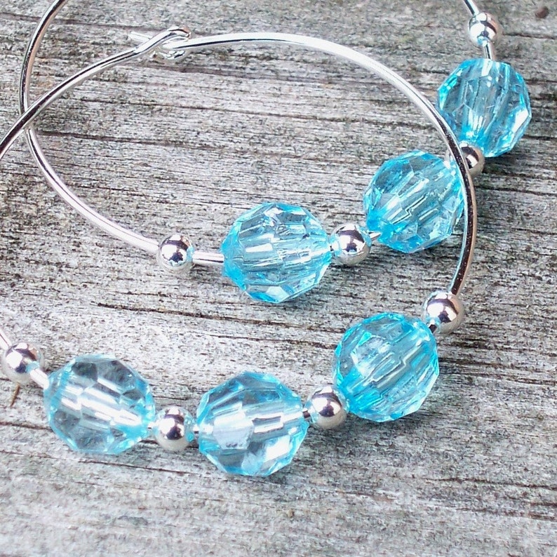 Light Blue Hoop Earrings Clear Blue Hoop Earrings Blue Beaded Hoop Earrings Blue Czech Glass Hoop Earrings 30mm Round Silver Hoop Earrings
