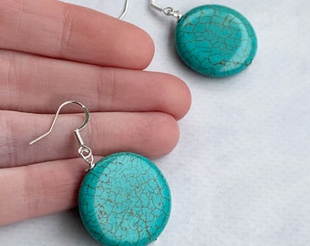 Circle Turquoise Earrings, Howlite Bead Earrings, Turquoise Dangle Earrings, Blue Bead Earrings, Circle Gemstone Earrings Blue, Teal Earring