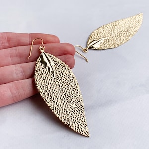 Large Gold Feather Earrings, Gold Leaf Earrings Large, Long Feather Earrings, Large Feather Earrings Dangle Boho, Leaf Earrings Gold Dangle