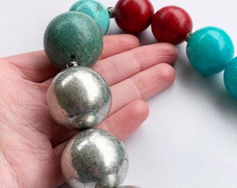 Chunky Turquoise Necklace Red, Big Bead Necklace for Women, Mixed Bead Necklace, Turquoise and Red Necklace, Large Gemstone Necklace Silver