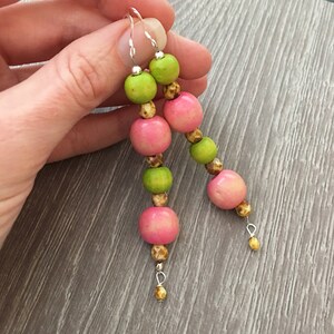 Long Boho Earrings, Colorful Wood Earrings, Boho Dangle Earrings, Pink and Green Earrings, Boho Beaded Earrings, Long Colorful Earrings