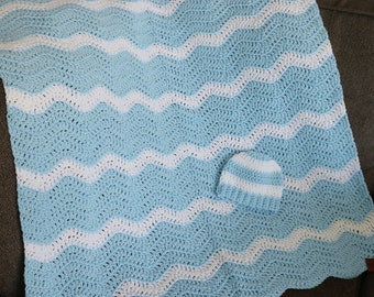 Blue and White Baby Blanket, Handmade Baby Blanket Crochet, Boy Baby Blanket, Knit Baby Blanket Boy, Baby Boy Afghan, Striped Baby Blanket