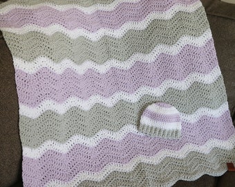 Purple White Gray Baby Blanket Crochet, Baby Afghan Blanket, Handknit Baby Blanket, Baby Nursery Blanket, Girl Baby Blanket, Newborn Blanket