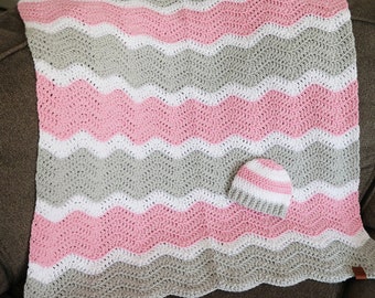 Pink and Gray Baby Blanket Handmade Crochet, Newborn Girl Blanket, Knit Baby Blanket, Baby Blanket Girl, Baby Afghan, Baby Girl Nursery