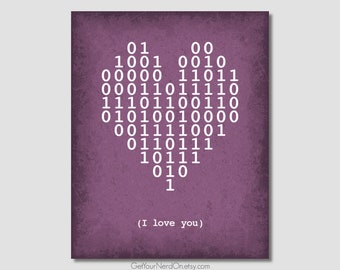 Binary Code Heart, I Love You, Programmer Computer Geek Gift, Nerdy Nursery Wall Art