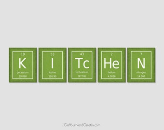 Unique Kitchen Decor, Set Of 5 Prints, Periodic Table, Science Nerd Home Decor