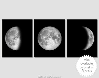 Phases Of The Moon, Set Of 5 Prints, Set Of 3, Astronomy Gifts, Outer Space Poster