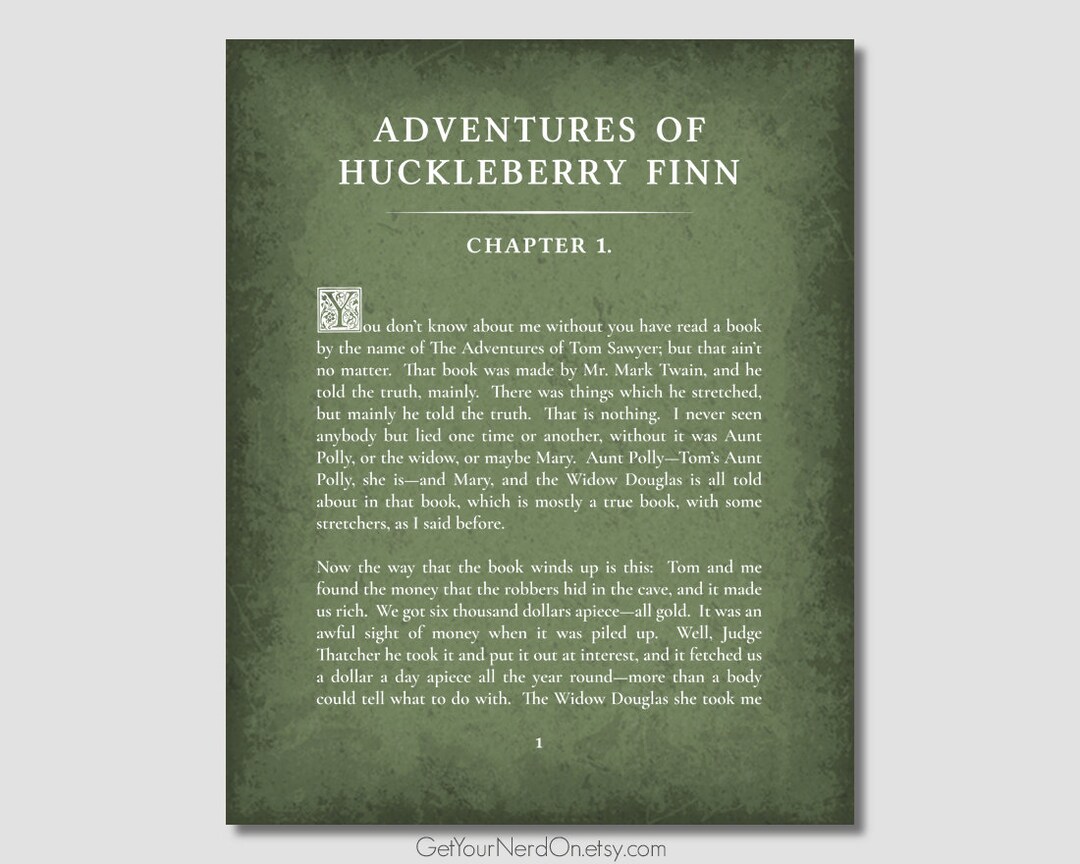 Huckleberry Finn First Page Print, Famous Novels, Book Nook Wall Art
