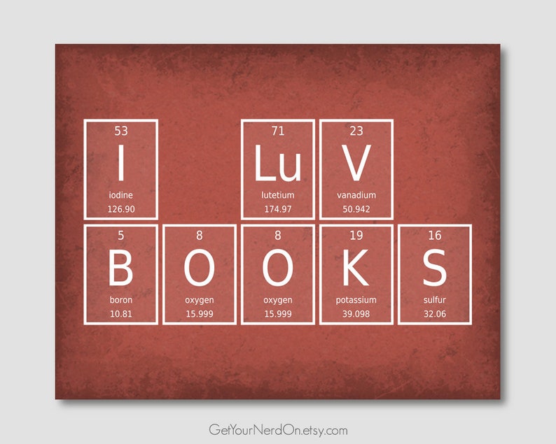I Luv Books Print Periodic Table Chemistry Elements Home Library Decor English Teacher Gift Book Nerd Poster Minimalist Nerdy Science Art