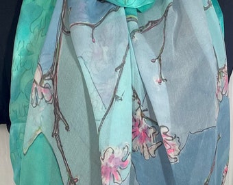 Chiffon aqua cherry magnolia silk scarf square