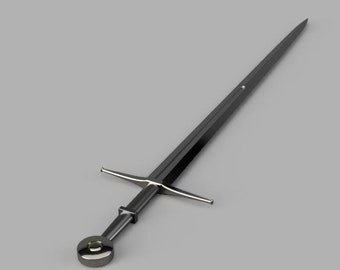 Puede incluir: Una espada plateada con una guarda cruzada y un pomo redondo. La espada está sobre una superficie gris.