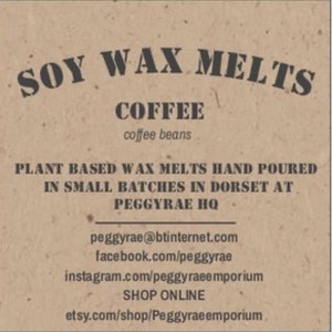 May include: Soy wax melts in a coffee scent. The label reads "Soy Wax Melts Coffee coffee beans Plant Based Wax Melts Hand Poured in Small Batches in Dorset at Peggyrae HQ peggyrae@btinternet.com facebook.com/peggyrae instagram.com/peggyraeemporium SHOP ONLINE etsy.com/shop/Peggyraeemporium"