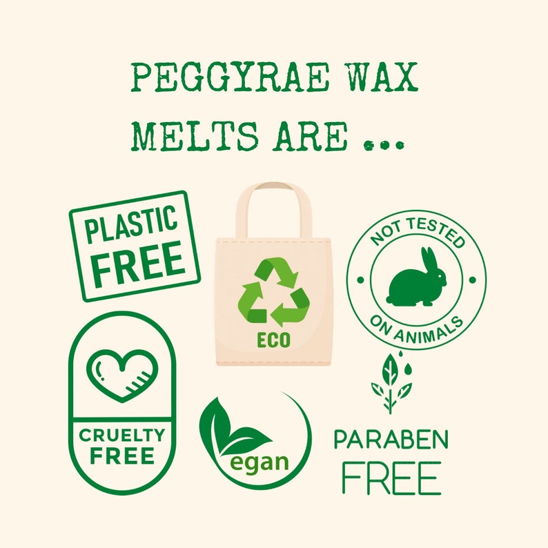May include: Green and white graphic design elements with the text "Peggyrae Wax Melts Are..." and the words "Plastic Free", "Cruelty Free", "Vegan", "Paraben Free", "Not Tested On Animals", and "Eco".