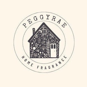 May include: Black and white logo for Peggy Rae Home Fragrance. The logo features a house with a door and windows, covered in a pattern of flowers and leaves. The text "Peggy Rae Home Fragrance" is written in a circle around the house.