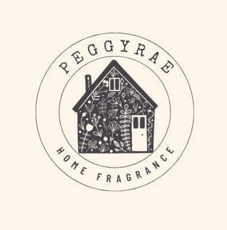 May include: Black and white logo for Peggy Rae Home Fragrance. The logo features a house with a door and windows, covered in a pattern of flowers and leaves. The text "Peggy Rae Home Fragrance" is written in a circle around the house.