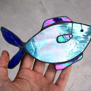 BLUE FISH - Iridescent Stained Glass - Animal Decoration - Cute Gift - Window, Wall Hanging Ornament