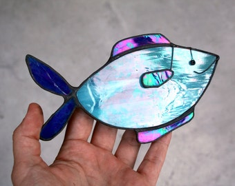 BLUE FISH - Iridescent Stained Glass - Animal Decoration - Cute Gift - Window, Wall Hanging Ornament