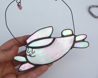 GLASS 'Pink Bunny Rabbit' - Iridescent Stained Glass - Animal Decoration - Cute Gift - Window, Wall Hanging Ornament
