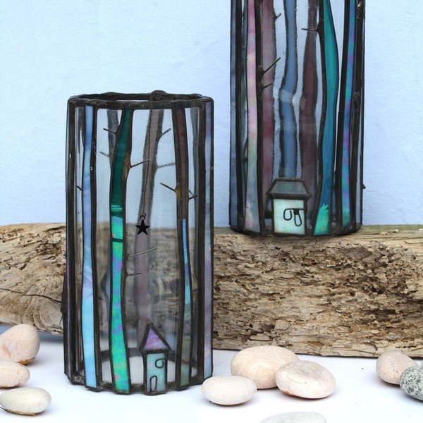 CANDLE JAR 'Winter Forest' - Iridescent Stained Glass - Forest Scene - Little House - Stars - Tea Light Candle - Handcrafted - Home Decor