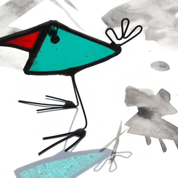 BABY BIRD - Little Standing Stained Glass Bird - Unique Gift - Cute Character - Quirky Window Ornament