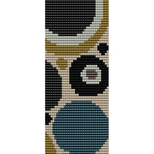 May include: Abstract geometric pattern featuring various sized circles in black, teal, gold, and white on a beige background. The design is composed of small, square tiles, creating a pixelated effect. The overall aesthetic is modern and graphic.