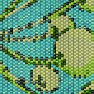 May include: Abstract beaded artwork in shades of teal, green, and beige. The design features flowing, organic shapes and lines, creating a visually dynamic pattern. The piece is composed of small, square beads, giving it a textured appearance.