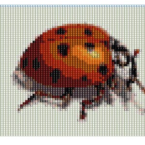 May include: A pixelated image of a ladybug. The ladybug's shell is primarily red with black spots. The head is black, and the legs are a light color. The background is a grid pattern.