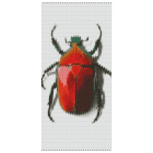 May include: A detailed illustration of a beetle, rendered in a pixelated style. The beetle's body is primarily red, with accents of green and black. The image is set against a light gray background, creating a striking contrast.