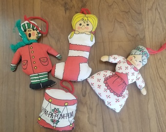 Vintage Stuffed Fabric Pillow Ornaments - Set of 4 - Mrs. Claus, Doll in stocking, Caroler, drum