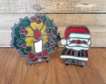 Set of 2 Vintage Cast Iron Candle Tea Light and Santa Tea Light Holder