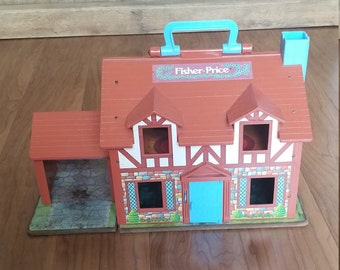 Vintage Retro Fisher Price Little People Brown Tudor Cottage House - Dollhouse
