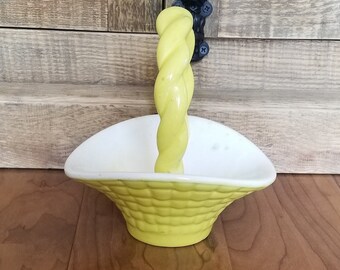 Vintage Ceramic Weave Easter Basket Yellow Woven Glazed Retro Basket Decor
