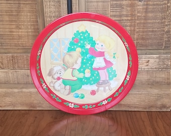 Vintage Christmas Serving Tray Children decorating Christmas Tree