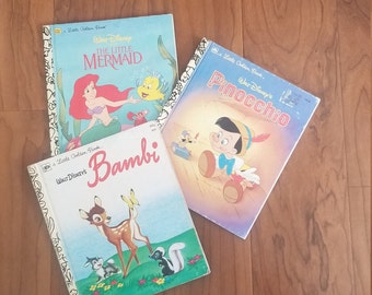 Vintage Little Golden Book Disney Bambi, Pinnochio, The Little Mermaid