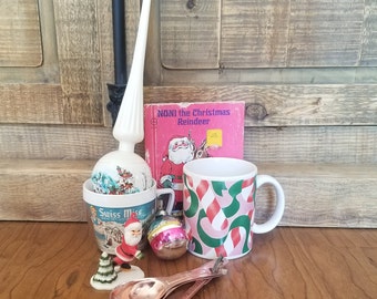 Vintage Christmas Lot - Pink measuring spoons, vintage mugs, tree topper, Noni the Christmas Reindeer, Ornament, etc.