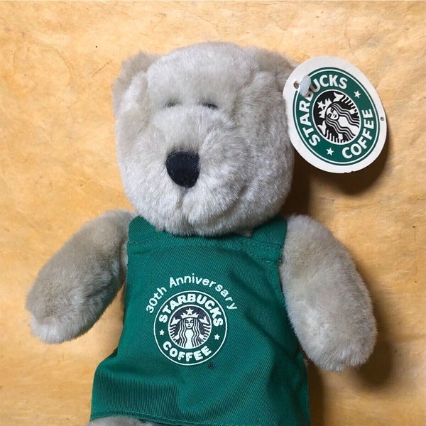 Starbucks Bearista Bär Plüschtier zum 30-jährigen Jubiläum in grüner Schürze mit Anhänger