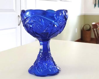 Vintage Cobalt Blue Pressed Glass Pedestal Bowl