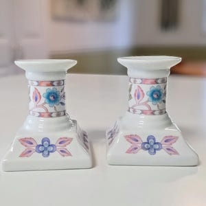 Vintage Floral Pastel Bird Porcelain Candlestick Holder Pair